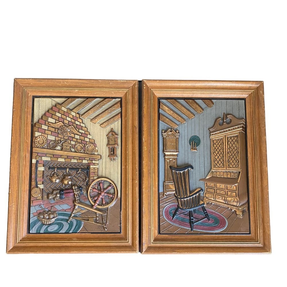 Vintage Hand Colored Turner Accessory Early American Scene 3D Wall Hangings Set - Picture 2 of 16